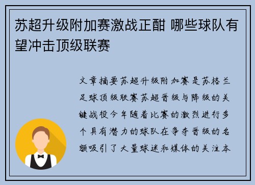 苏超升级附加赛激战正酣 哪些球队有望冲击顶级联赛 苏超升级附加赛激战正酣 哪些球队有望冲击顶级联赛